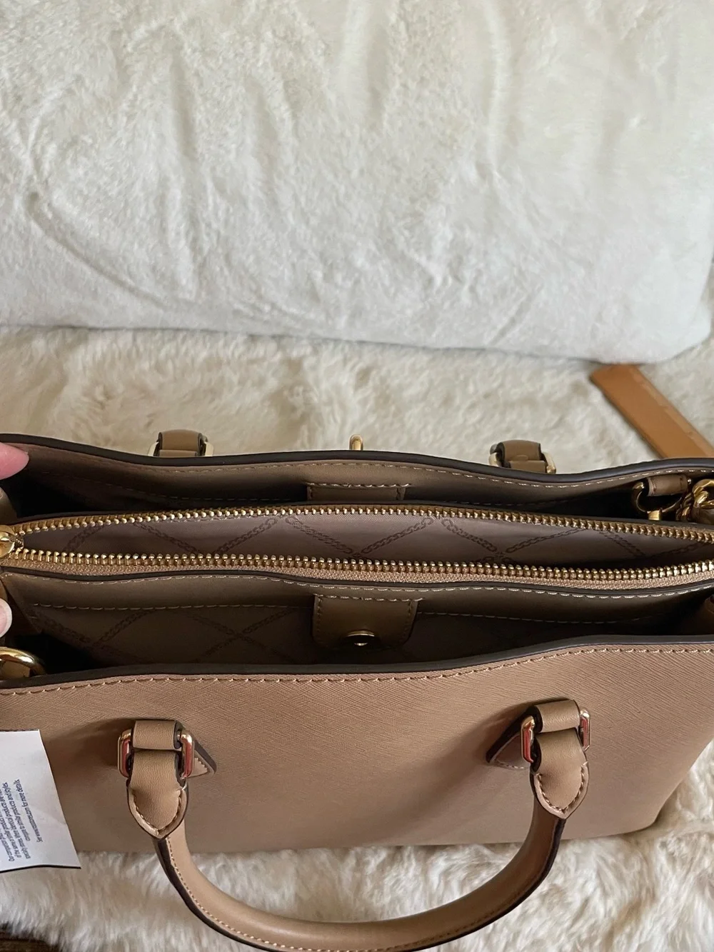 NWT Michael Kors Taupe Saffiano Leather Satchel with Gold Hardware.